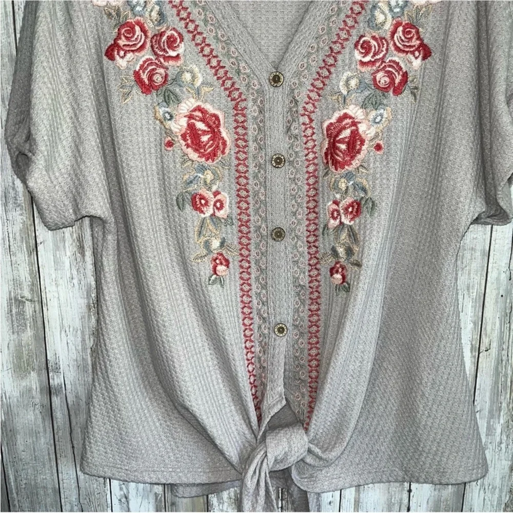 Andree Embroidered Tie Bottom Button Blouse - Picture 2 of 5